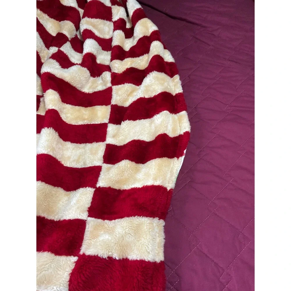 Handmade Throw Blanket Unisex OS Multicolor Striped Checkerboard Faux Fur Retro‎